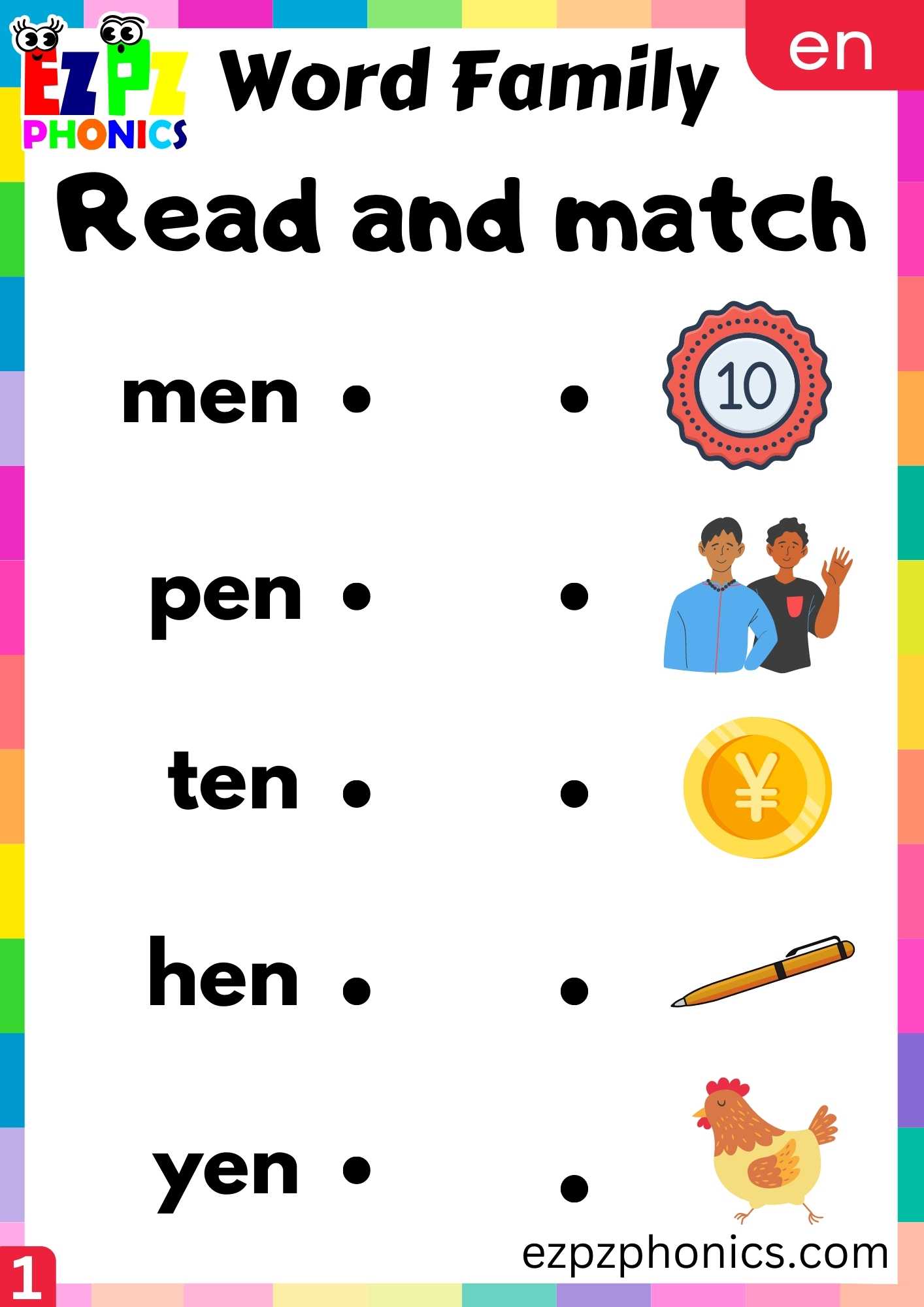 EN Words Read And Match Phonics Word Families Worksheet